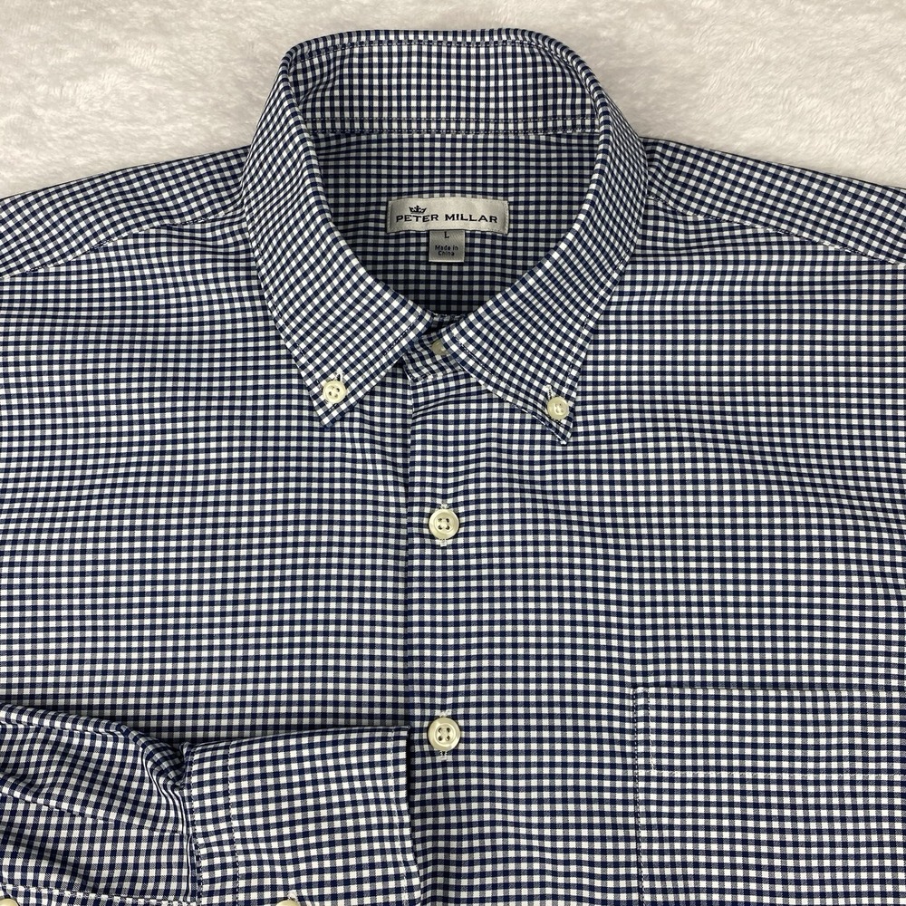 Peter Millar Dress Shirt Men's Large Blue/White Checks Comfort Fit Stretch